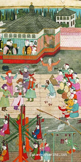 6- A scene from a themed game demonstrated in the festivities of 1720 (Vehbi, Topkapı Palace Museum Library, no. 3593)