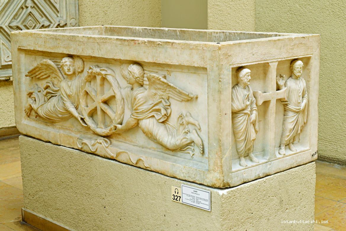 1- A prince’s sarcophagus found in Istanbul Sarıgüzel and adorned with monograms of Jesus carried by flying Nikes in a wreath representing the victory of Christianity (Istanbul Archeology Museum)
