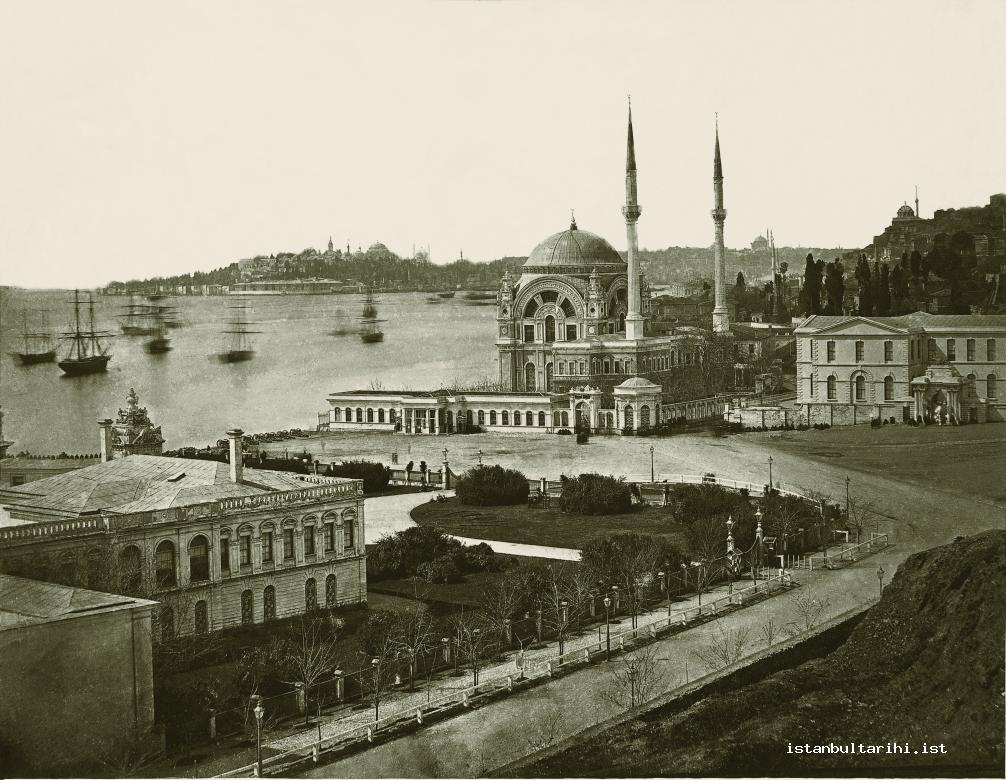 6- Dolmabahçe Palace and Valide Mosque, and next to them is Dolmabahçe Palace Theatre which was demolished in 1939 to open space for the construction of İsmet Paşa Stadium, 1862-1863, Abdullah Biraderler 280X217 mm, albumin paper