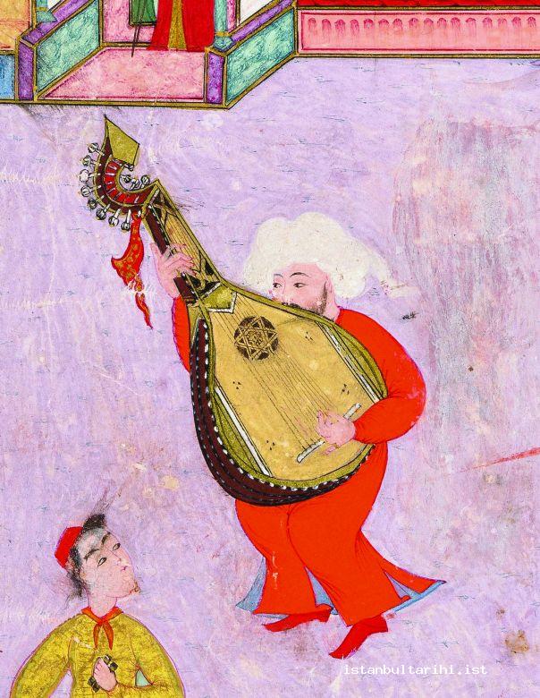 11- Şahrud (bass string of a type of lute) at the end of 16<sup>th</sup> century (İntizami, <em>Surname-i Hümayun</em>, Topkapı Palace Museum Library, H. 1344, a detail from fol. 18b) It does not exist anymore.