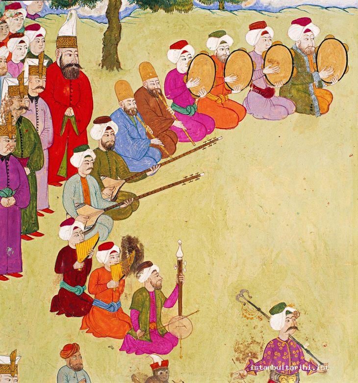 14- The team of musicians under the directorship of head singer Burnaz Hasan Çelebi (Enfi Hasan Ağa) in the festivities of 1720: <em>Miskal</em> (panpipe) and <em>kemançe</em> were in their places and the size of the lute got bigger (Nakkaş İbrahim’s painting, <em>Surname-i Vehbi</em>. Topkapı Palace Museum Library, A. 3594, a detail from fol. 80a)