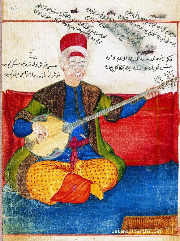 15- Tanbur player Eyüp, the famous musician and theory writer of the period of Sultan Mahmud I as depicted in Hızır Ağa’s book <em>Tefhîmü’l-makâmât</em>. The wide tanbur that he was playing with deep body, four pair of eight strings, long holding, and played with hard plectron was very similar to the ones used today. As understood from the wood of its body and embroidery, it was still very thick. (Hızır Ağa, <em>Tefhîmü’l-makâmât</em>, fol. 21a)