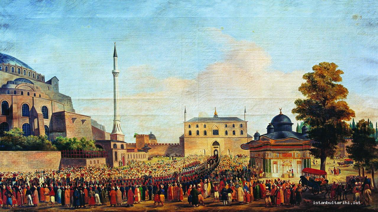 18a- Sultan Mahmud II’s Friday procession. Imperial band (Mızıka-i Hümayun) in
    their new uniforms walking by the sultan (François Dubois, “Selamlık Alayı,” Mimar
    Sinan Fine Arts University, Istanbul Paintings and Sculptures Museum)