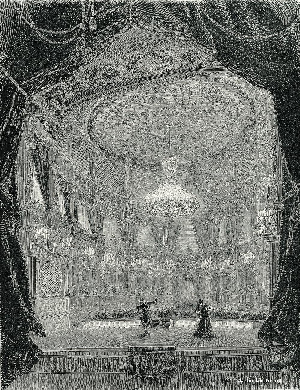 20- A play in Dolmabahçe Palace Theatre the decoration of which was done by F.Séchan, the decorator of French Opera building (<em>L’illustration</em>, 25 June 1859)