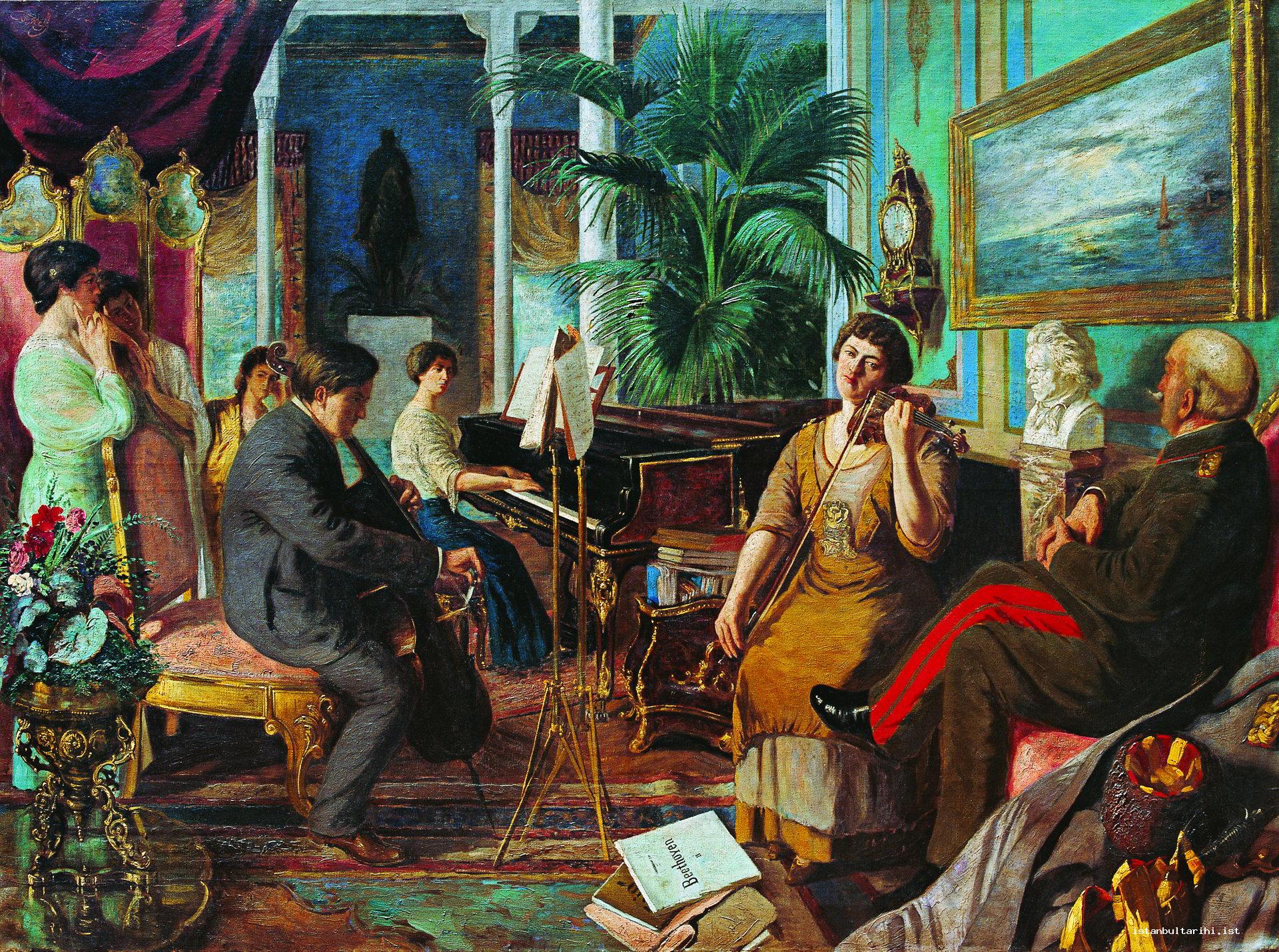 21- “Beethoven in Harem.” Caliph Abdülmecid Efendi listens to Beethoven in the harem section of Abdülmecid Efendi Mansion in Bağlarbaşı which used to be the place
    where the bronze sculpture depicting Sultan Abdülaziz on horse was kept. The sculpture currently is exhibited in Beylerbeyi Palace. It is understood from the partition
    written “Beethoven II” that the composition that was played by violin, viola, and piano was Beethoven’s “Piano Trio Number 2.” The painting of Caliph Abdülmecid Efendi
    (Mimar Sinan Fine Arts University, Istanbul Paintings and Sculptures Museum)