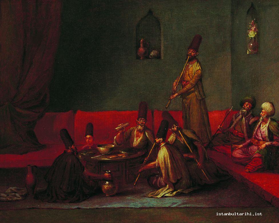 4- Possibly dervishes who ate in one of the rooms of Galata Mawlawi lodge,
        listened to music, and had a chat. It is one of the paintings that Cornelis
        Calkoen, the ambassador of the Netherlands, had Jean-Babtiste Vanmour paint.
        (Rijksmuseum, SK-A-1999) According to a document in French, the person with
        a white turban sitting on the couch is Qutb al-Nayi Osman Dede, the master of
        Galata Mawlawi Lodge (see. Nicholas et alia: 116, 228)