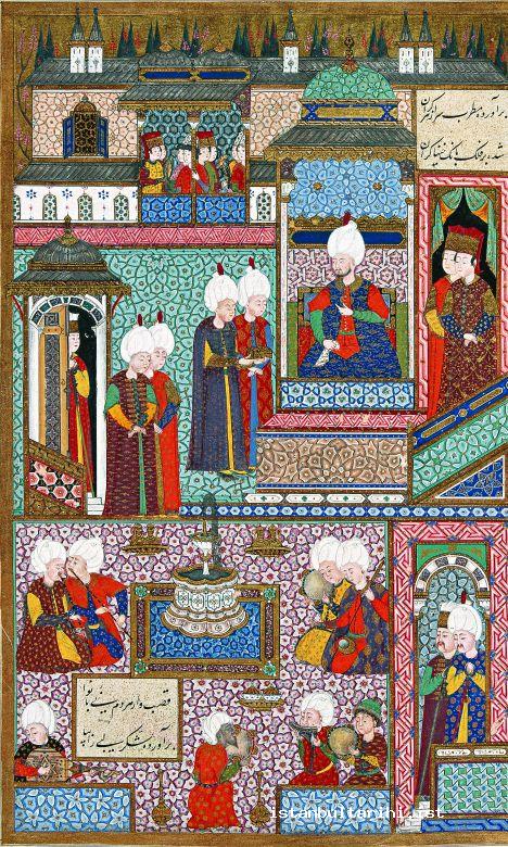 6a- A council of Sultan Süleyman I, November 1539. Probably in the Has Oda (privy chamber) located in the third yard of Topkapı Palace. The circumcision festivities of Sultan Süleyman I’s sons, şehzade Bayezid and şehzade Cihangir, were in the At Meydanı (Hippodrome). Sultan Süleyman I’s daughter Mihrimah and Rüstem Paşa got married in the same ceremony. Musicians: Two reed players (neyzen), an oud player, a panpipe (mıskal) player, a kemançe player, and singers with tambourines. The black singer in the middle is most probably a gipsy from Egypt. (Seyyid Lokman, <em>Süleymanname, Topkapı Palace Museum Library</em>, H. 1517, fol. 412a)