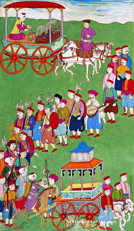 8a- A musician with leopard hide in the parade of Sultan Ahmed III’s sons circumcision festivities in 1720 (a miniature of Nakkaş İbrahim in <em>Surname-i Vehbi</em>. Topkapı Palace Museum Library, A. 3594, fol. 161a)