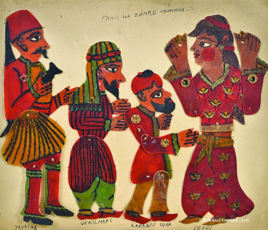 3- Çengi (dancer), Karagöz, vekilharç (majordomo), and yanaşma (handmaid) in the game of Tahir ile Zühre (Istanbul Metropolitan Municipality City Museum)