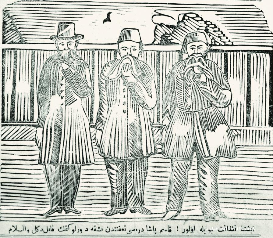 4- Three men who covered their mouths and noses by napkins: “<em>This is how cleaning is done. It is not possible to pass by the stink of Kasımpaşa Stream in any other way</em>.” (<em>Latife</em>, no. 27, 4 May 1875)