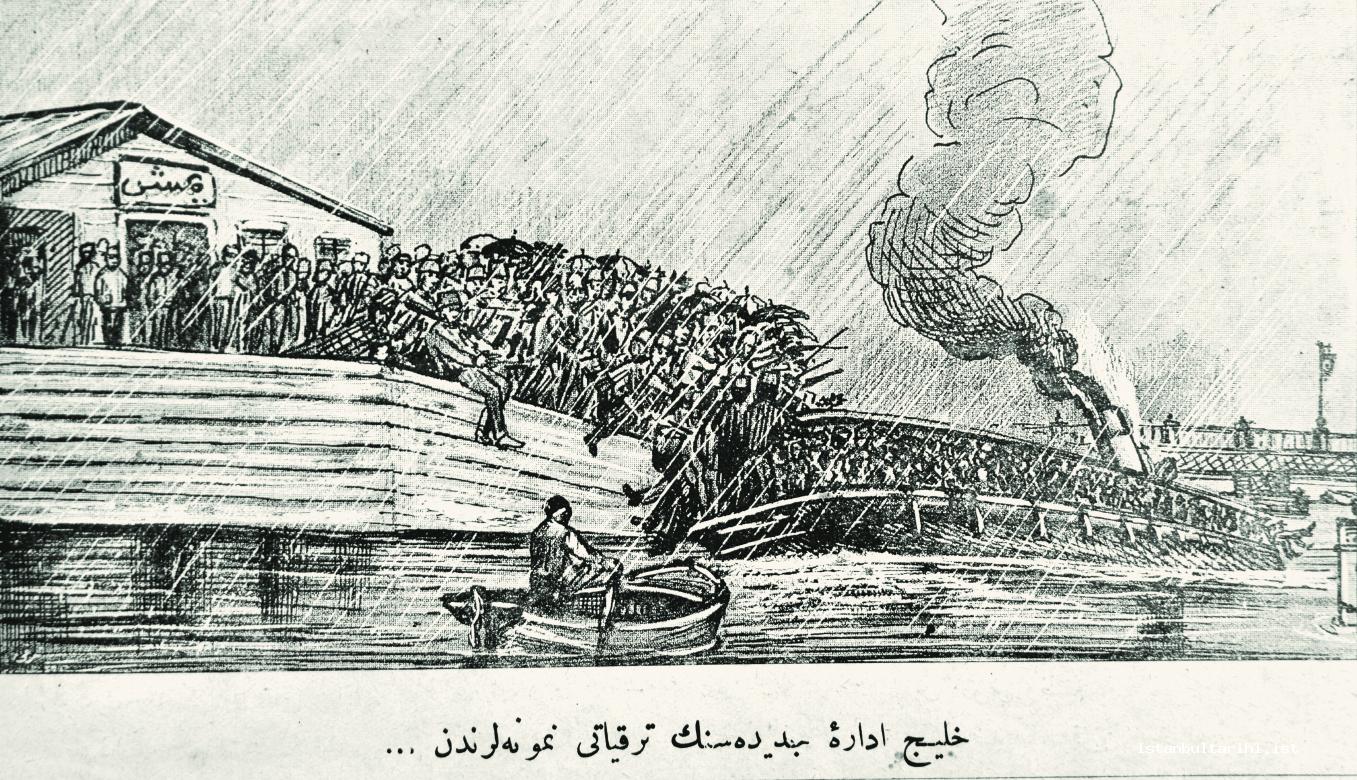 8- The cartoon which reflects the misrule situation of those who try to get on a ship from Yemiş Pier: “<em>One of the examples of the developments of the new administration of the Golden Horn</em>” (<em>Hande</em>, no. 3, 18 April 1910)