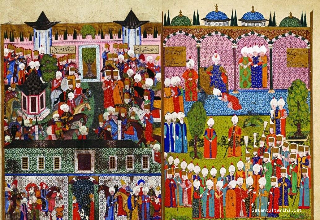 4- The ceremony for the ascension of Sultan Süleyman I to the throne in Topkapı Palace (<em>Süleymanname</em>, 1558) (Topkapı Palace Museum Library, H., no. 1517, fol.18b-18a)
