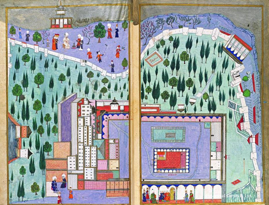 7- Harem, mansions, and outer yard (Şehinşahname, 1581) (Istanbul University Library, no. F. 1404, fol. 118a)