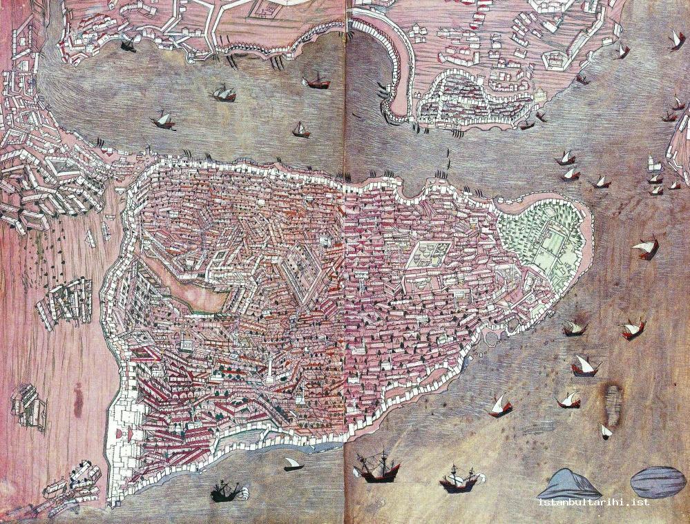 8- A map of Istanbul (Topkapı Palace Museum Library, H., no. 1523, fol. 158b-159a)