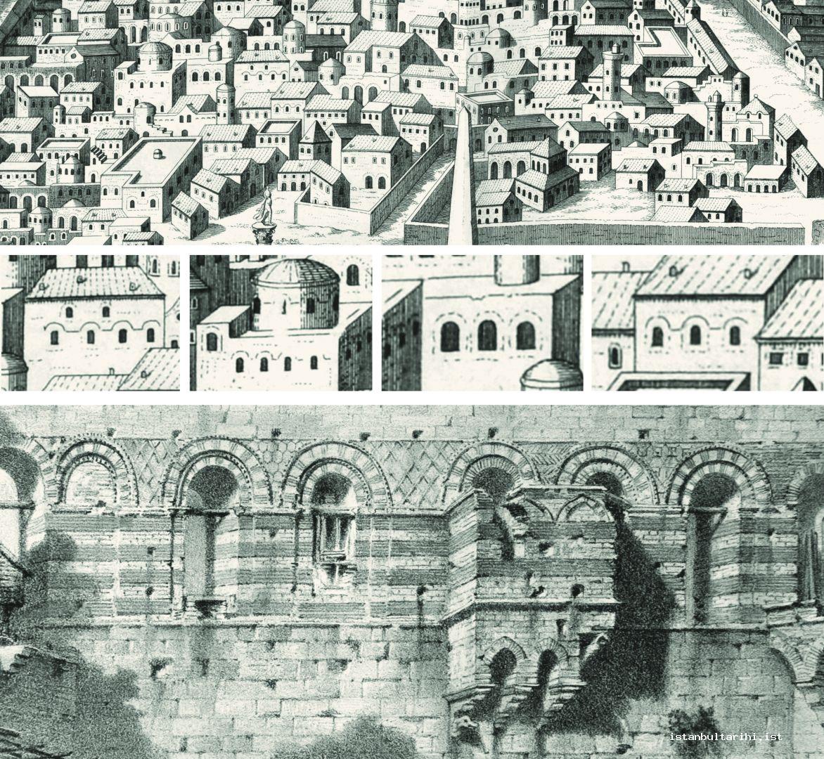 2- Yukarıda ve ortada da Panvinius’un At Meydanı’nı gösteren çizimi ve Bizans karakteri taşıyan bazı detaylar aşağıda Tekfur Sarayı güney cephe (Flandin)