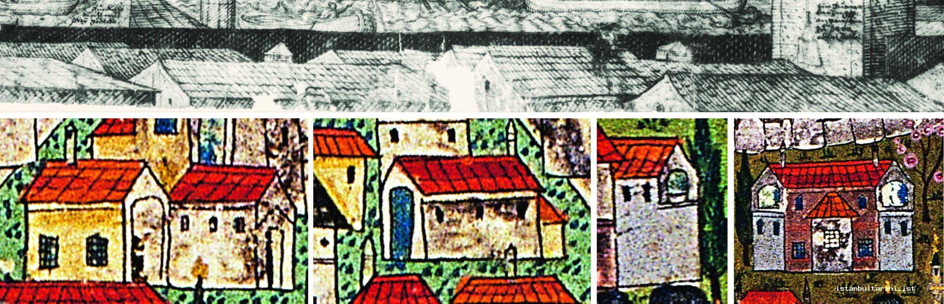 6- İstanbul'daki Mistra evi tipindeki muhtemel Kâfirî yapılar. (Lorichs’den (üstte) ve Matrakçı’dan detay)