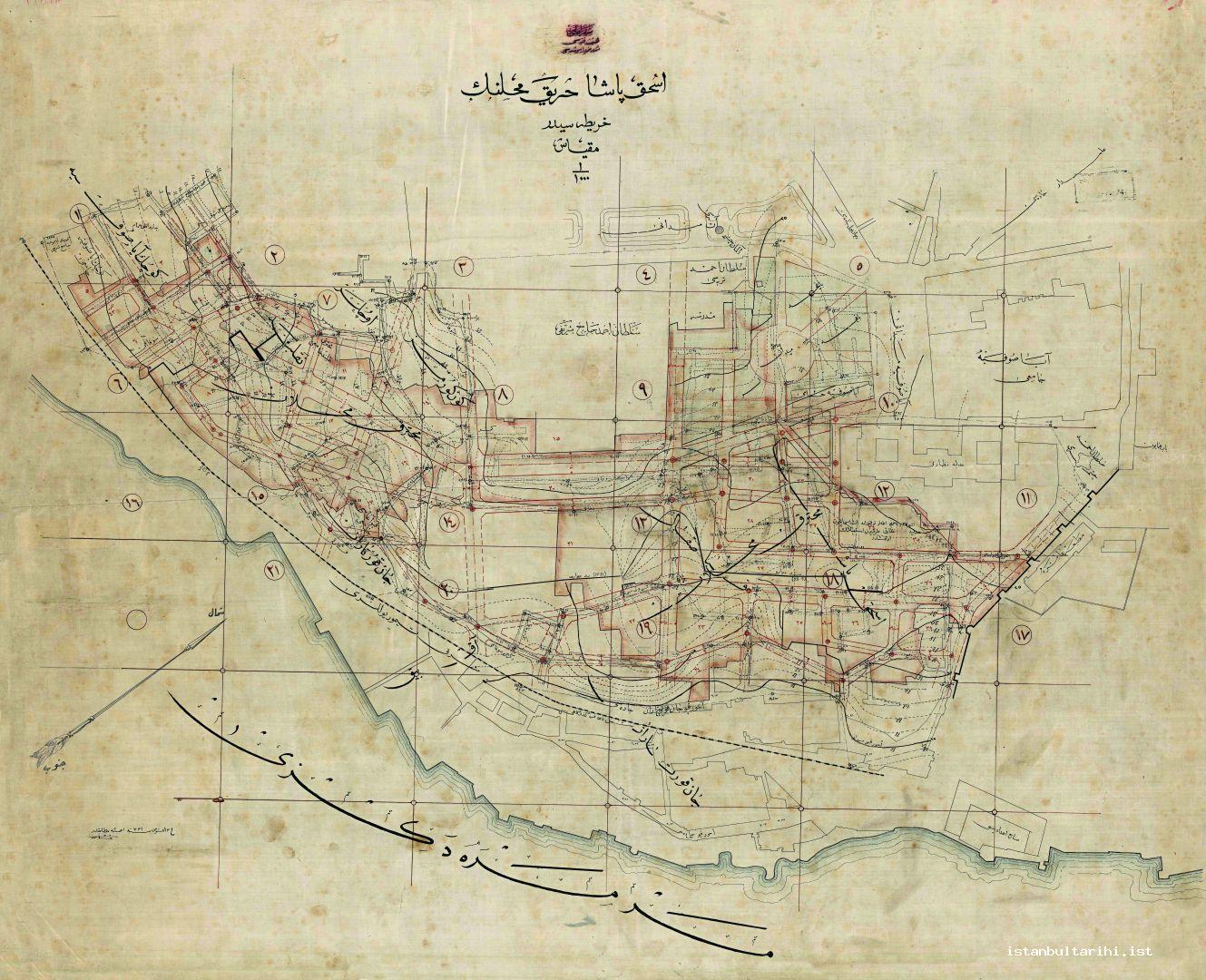 12- 16 Ağustos 1915 tarihli İshak Paşa yangın bölgesi haritası (İBB, Atatürk Kitaplığı)