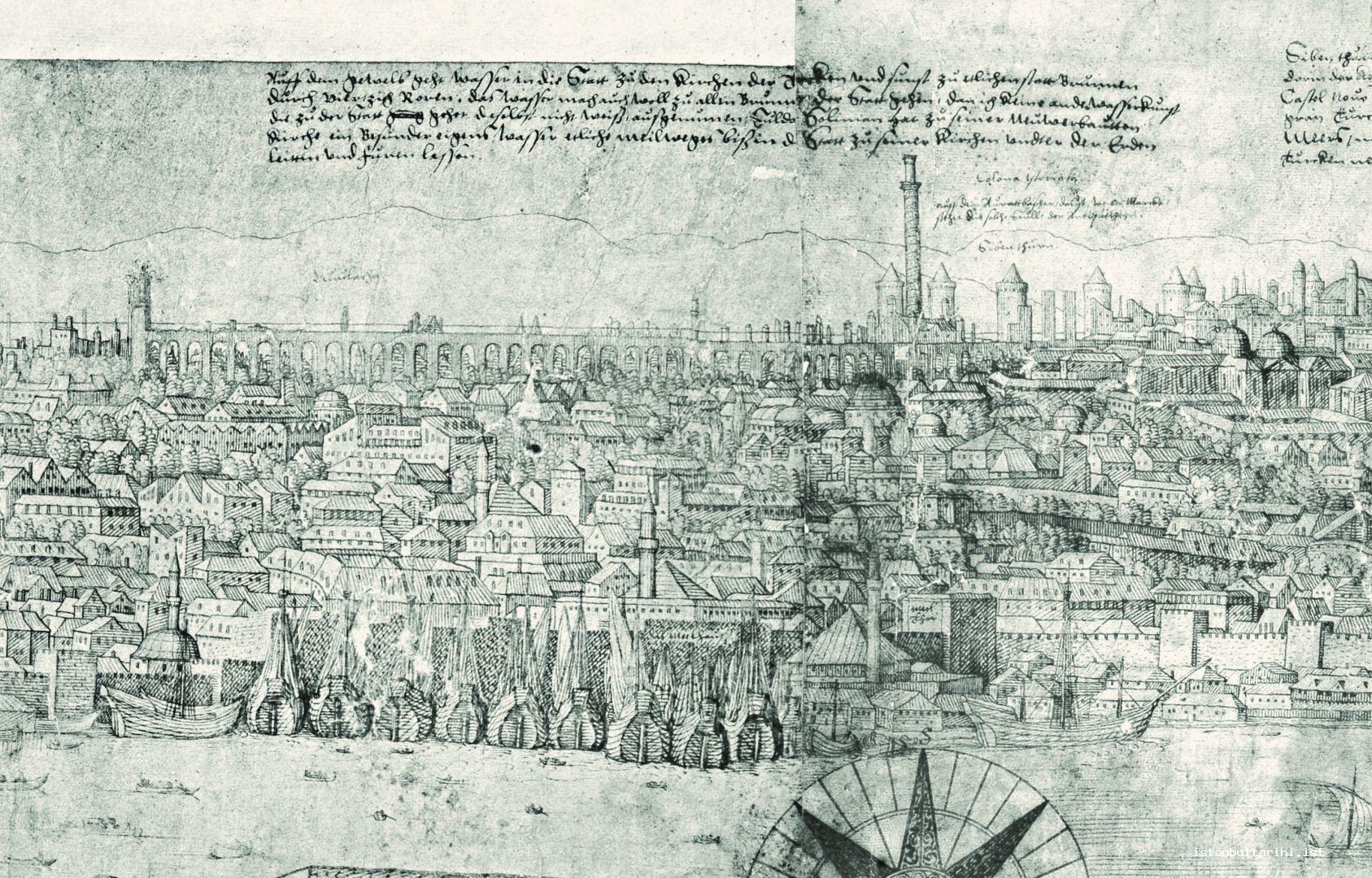 18- Unkapanı. Arka planda Avratpazarı'ndaki Arcadius Sütunu ve Yedikule (Lorichs’den detay) 