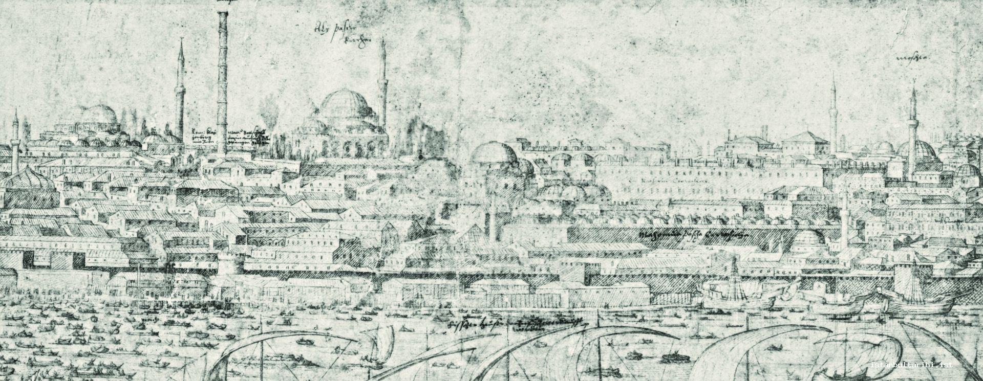 24- Mahmut Paşa ve Atik Ali Paşa külliyeleri ile Konstantin (Çemberlitaş) Sütunu (Lorichs’den detay) 