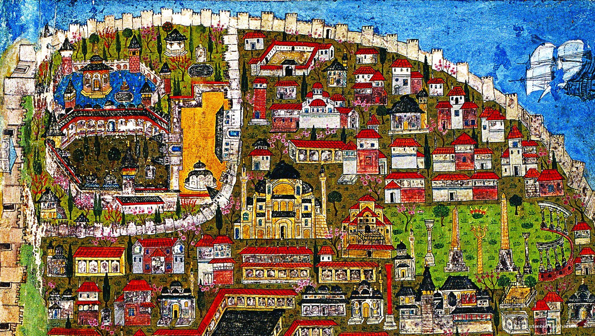 45- Topkapı Sarayı ve etrafını çevreleyen surlar, Ayasofya ve Sultanahmet Meydanı (Matrakçı'dan detay)