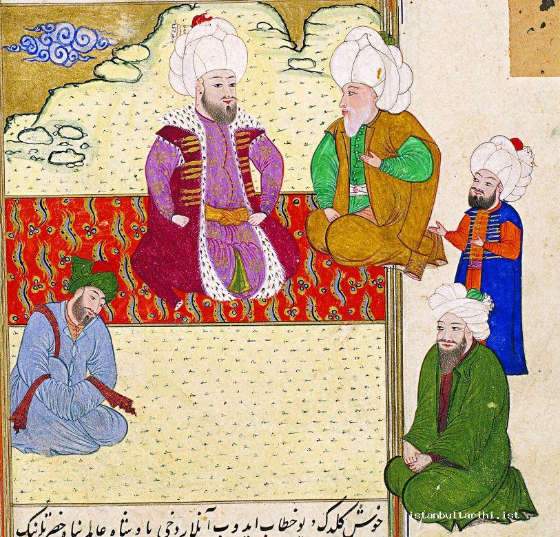 4- Grand vizier Mahmud Paşa watching standing one-week long discussion between Hocazade and Molla Zeyrek in the presence of Sultan Mehmed II (<em>Şekaik</em>)