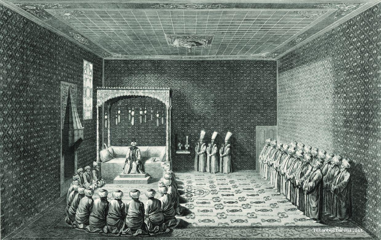 25- A religious chat in the presence of Sultan Abdülhamid I. Those standing on the right are Şehzade Selim III, Mustafa IV and Mahmud II (d’Ohsson)