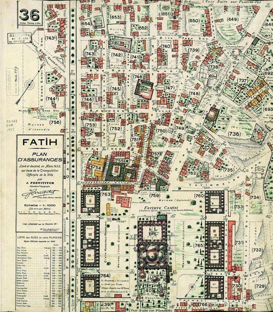 13- J. Pervitich’s Fatih insurance map (Istanbul Metropolitan Municipality, Atatürk    Library)