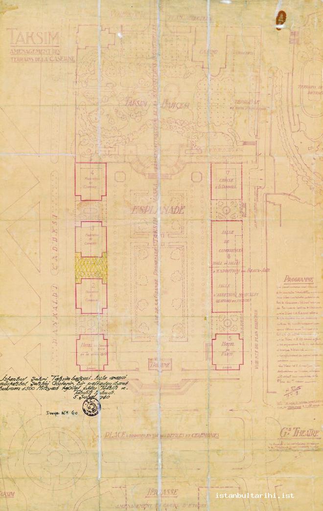 19- Henri Prost’s “1/1500 scale detailed schema dated 5 February 1940 showing the  future state of a section of the land of barracks in Taksim district in Istanbul,” 18 January 1937 (Istanbul Metropolitan Municipality Archive)