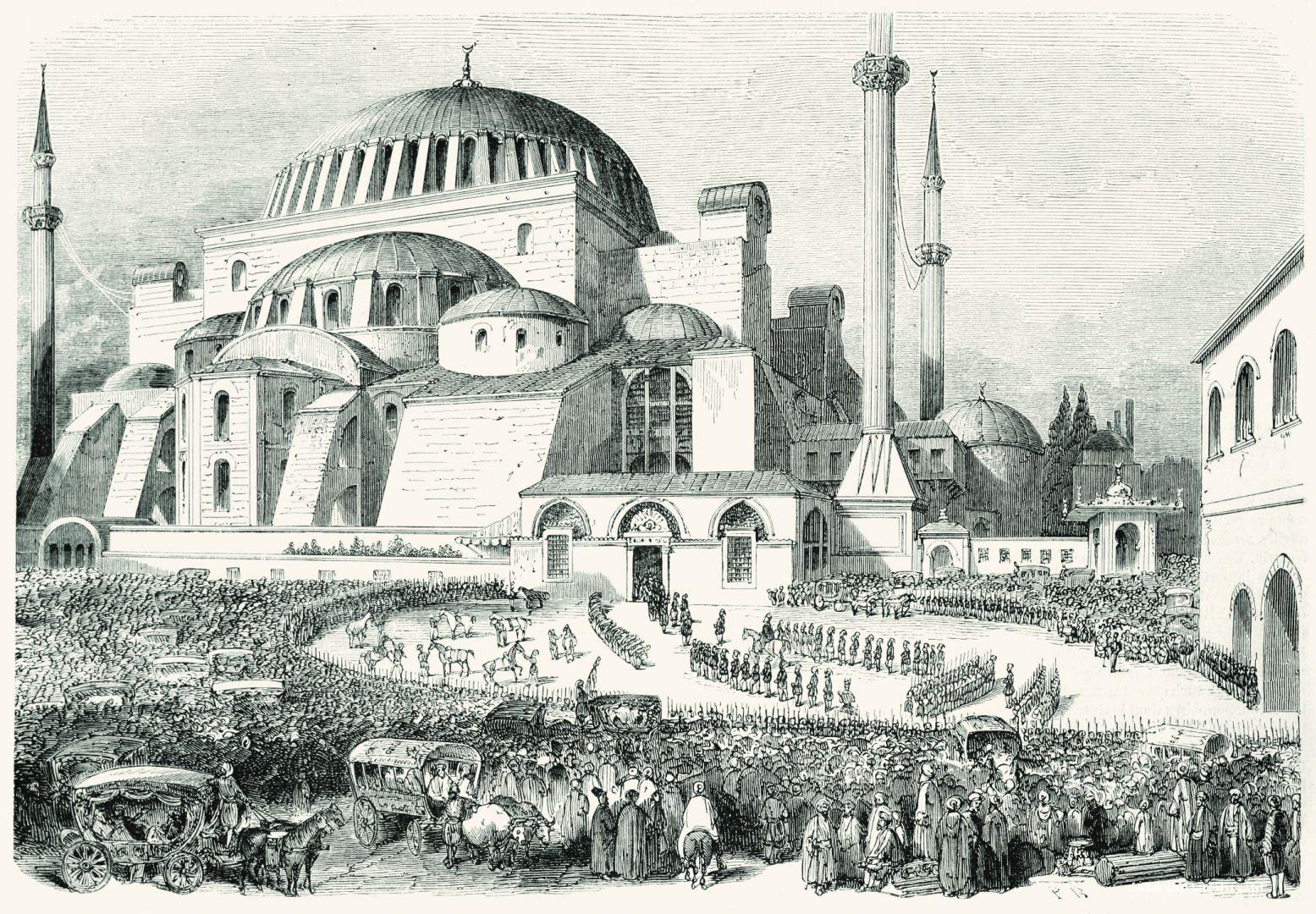 1- The ceremony organized during the period of Sultan Abdülmecid on the occasion of the restoration of Ayasofya Mosque (<em>L’Illustration</em>)