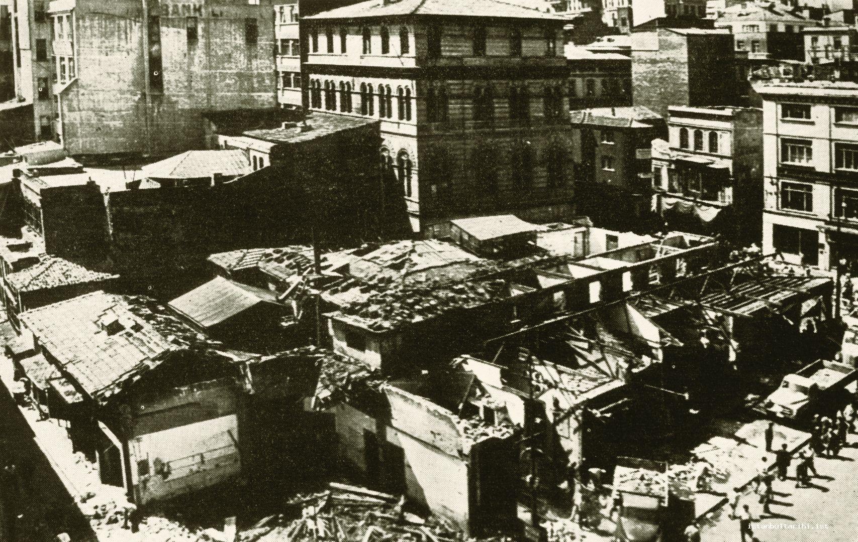 15- “Karaköy Square is doubtlessly one of Istanbul squares where traffic is the
    heaviest. Despite this fact, there was no square and it could be opened after
    demolishing the shabby stores existing the Karaköy side of the bridge. Our picture
    catches the stage of removing those stores.
    