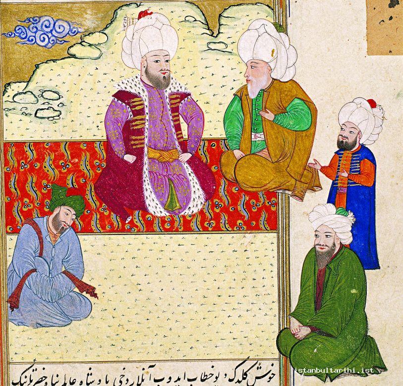 4- Fatih Sultan Mehmed’in huzurunda Hocazâde ile Molla Zeyrek’in bir hafta devam eden tartışmasını Veziriazam Mahmud Paşa ayakta izliyor (<em>Şekaik</em>)