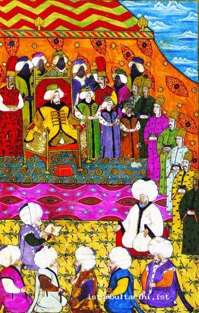 24- III. Ahmed’in huzurunda Şeyhülislam Yenişehirli Abdullah Efendi (beyaz elbiseli, padişahın önünde sağda oturan) ile devrin uleması ders yaparken (Vehbî)